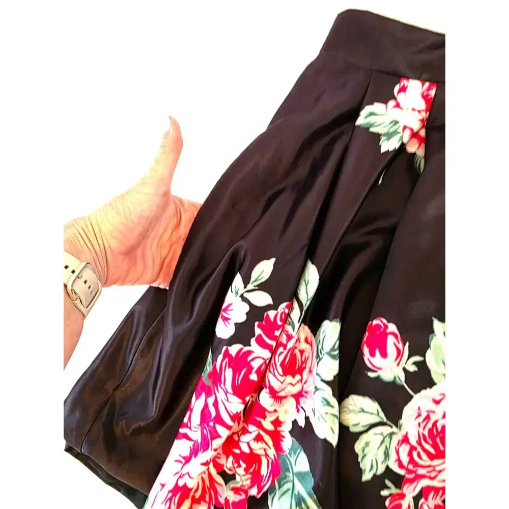 Black Pink Red Rose Silky Feel Mini Skater Skirt Pockets Fitted Waist Womens L